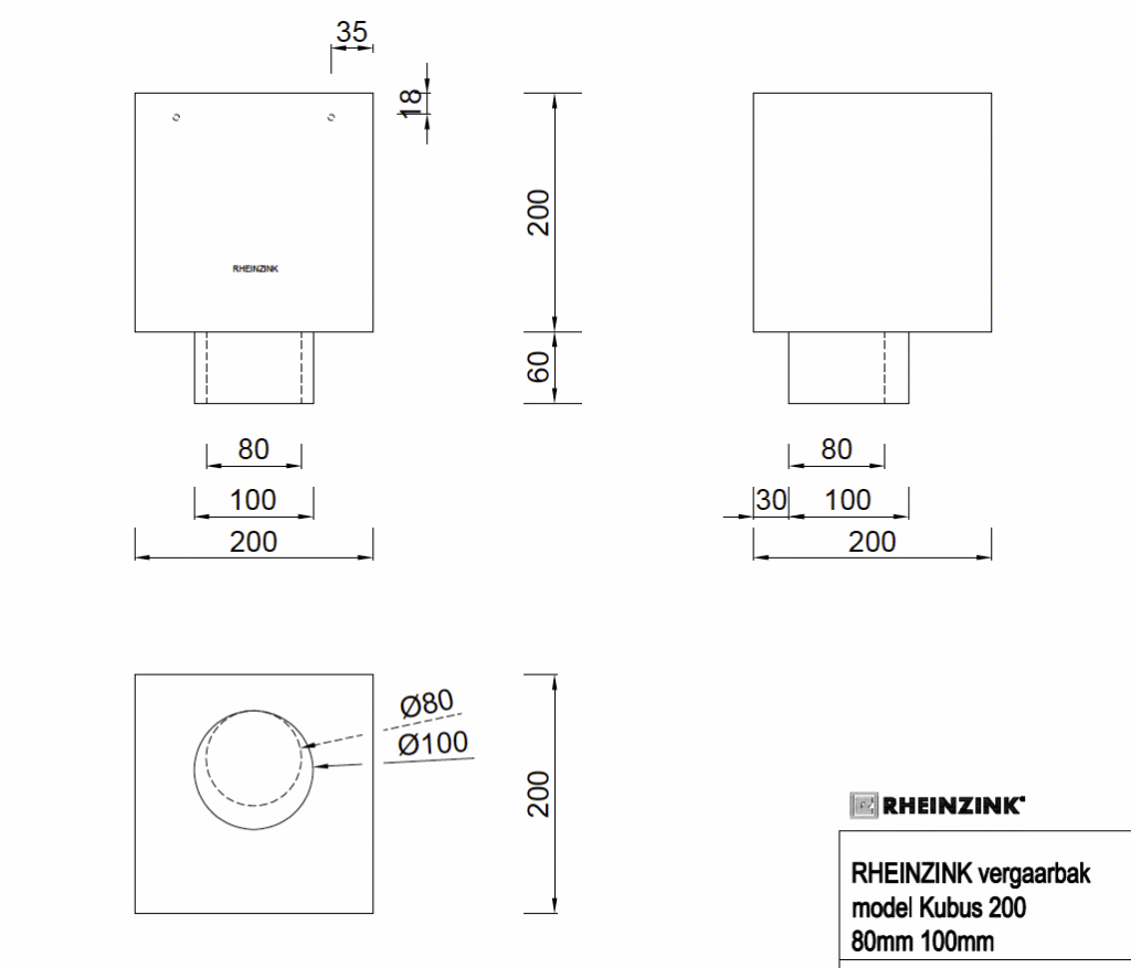 Zinken vergaarbak Kubus 200. 80 mm