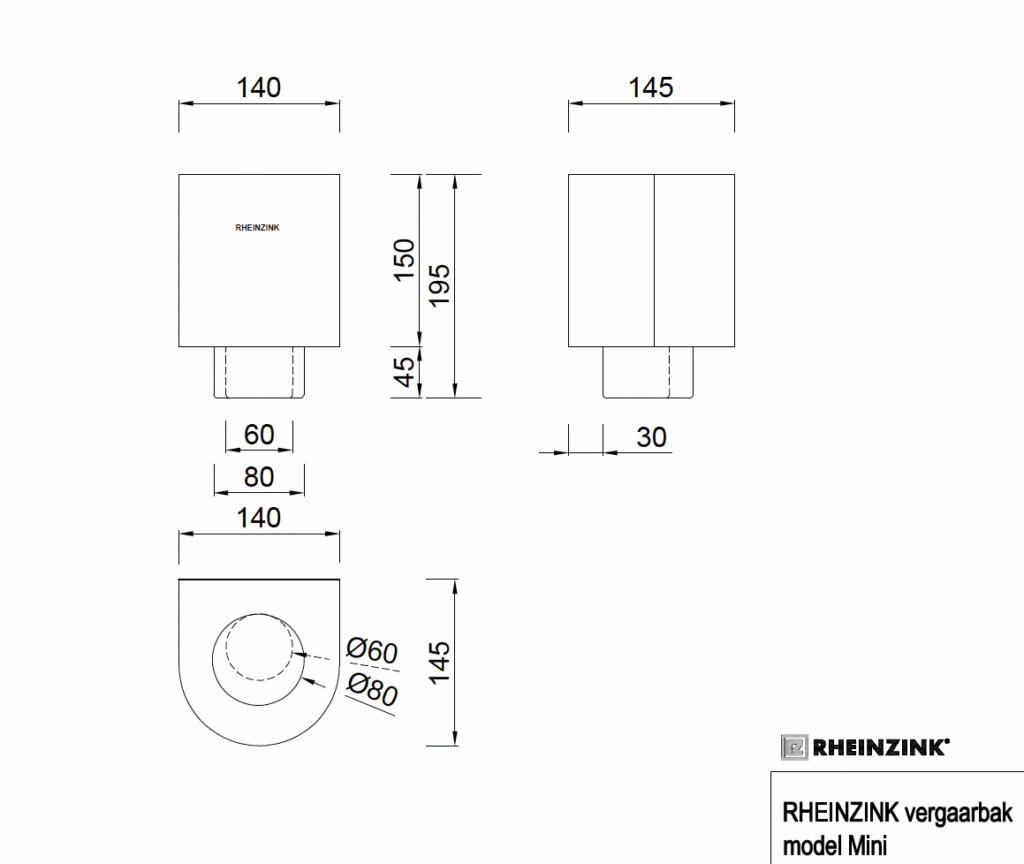 Zinken vergaarbak Mini 80 mm met uitsparing Rheinzink